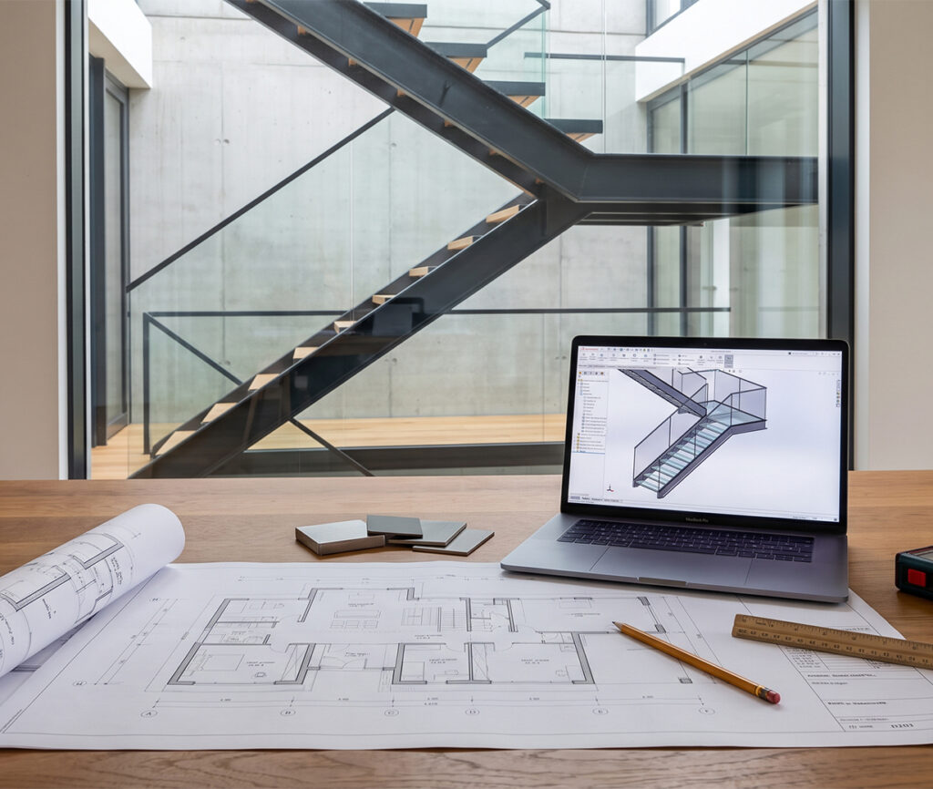 Conception escalier sur mesure avec plans techniques, modélisation 3D et étude d’un escalier métallique