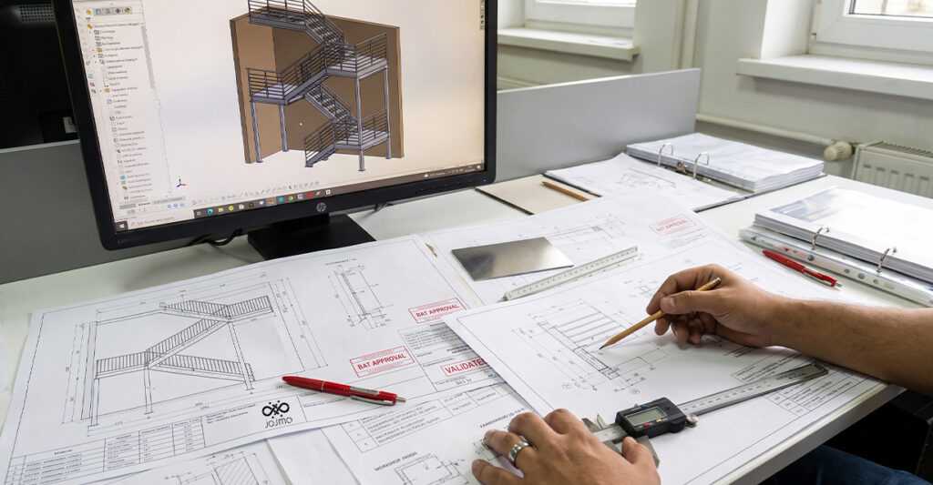 Conception escalier sur mesure avec validation BAT, plans techniques et modélisation 3D pour fabrication