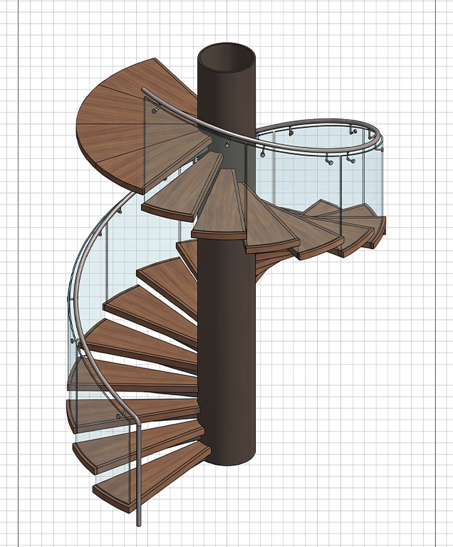 Modélisation 3D d’un escalier colimaçon à noyau central avec marches en bois et garde-corps en verre
