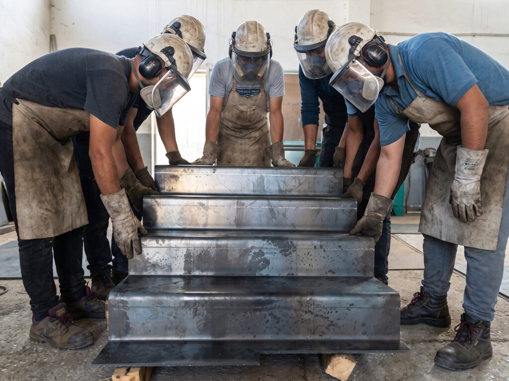 Équipe en atelier assemblant des marches métalliques en acier pour un escalier sur mesure