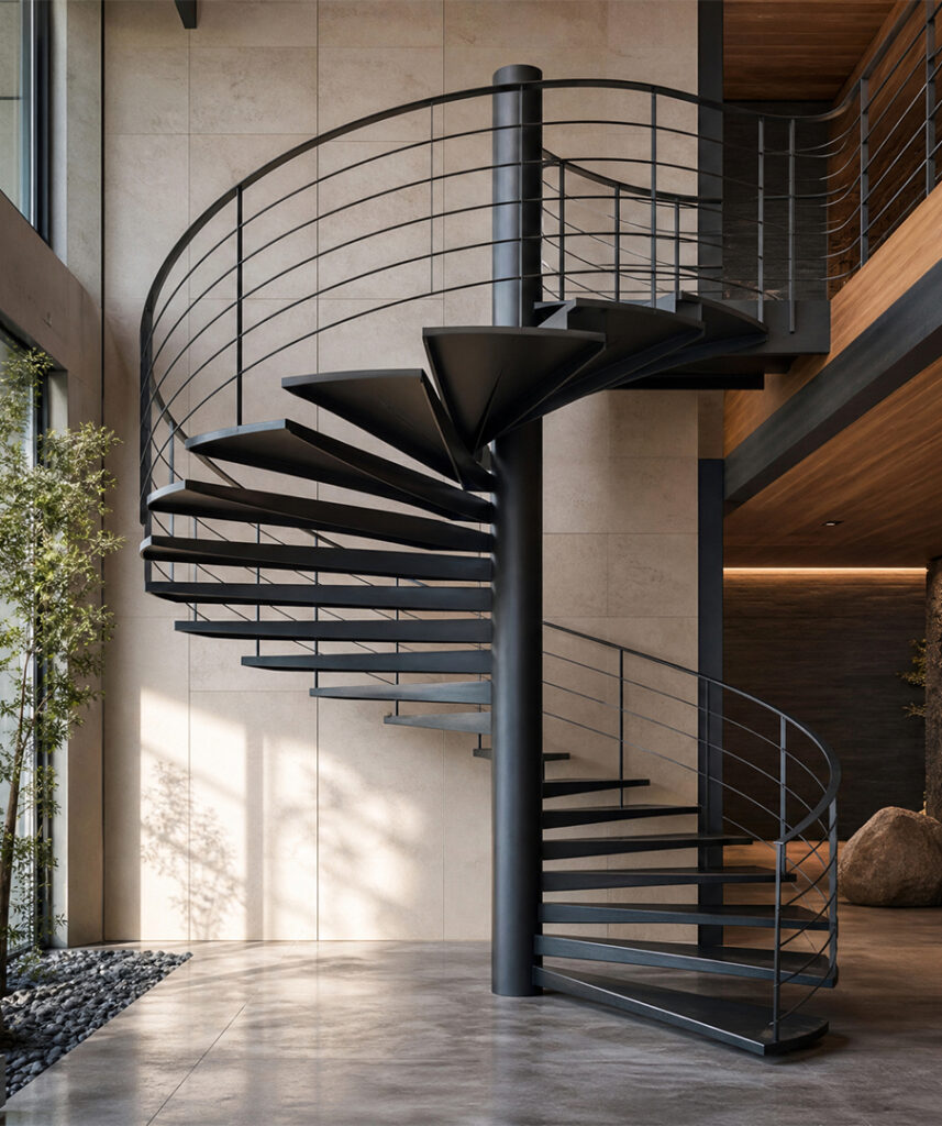 Escalier en colimaçon métallique à noyau central avec marches en acier dans un intérieur contemporain