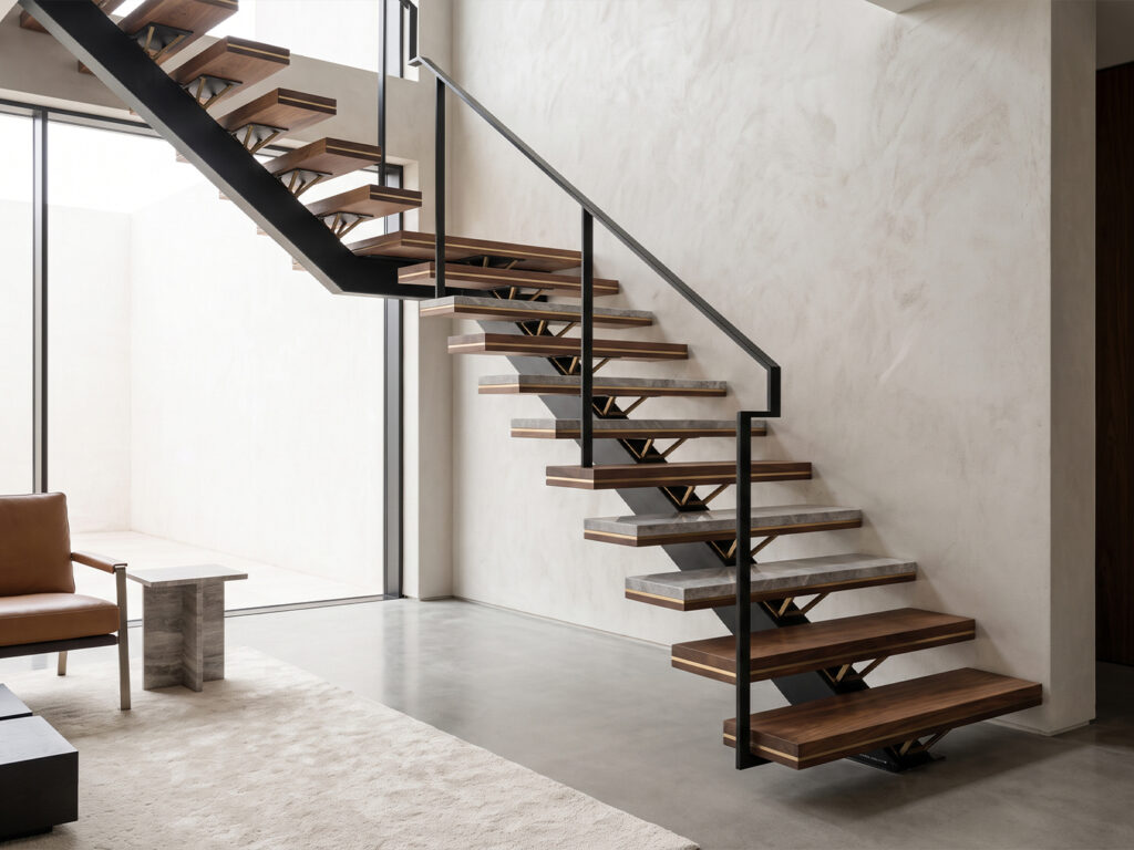 Escalier suspendu sur mesure en métal noir avec marches en bois dans un intérieur contemporain