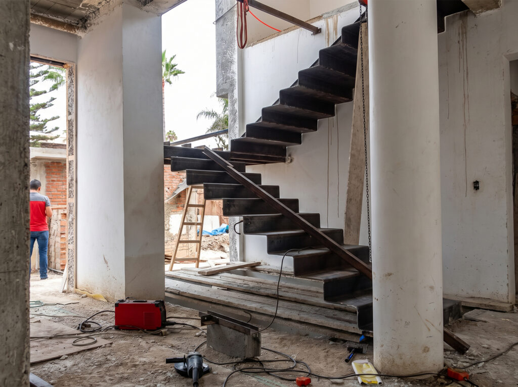 Installation et assemblage d’une structure d’escalier métallique sur mesure sur chantier