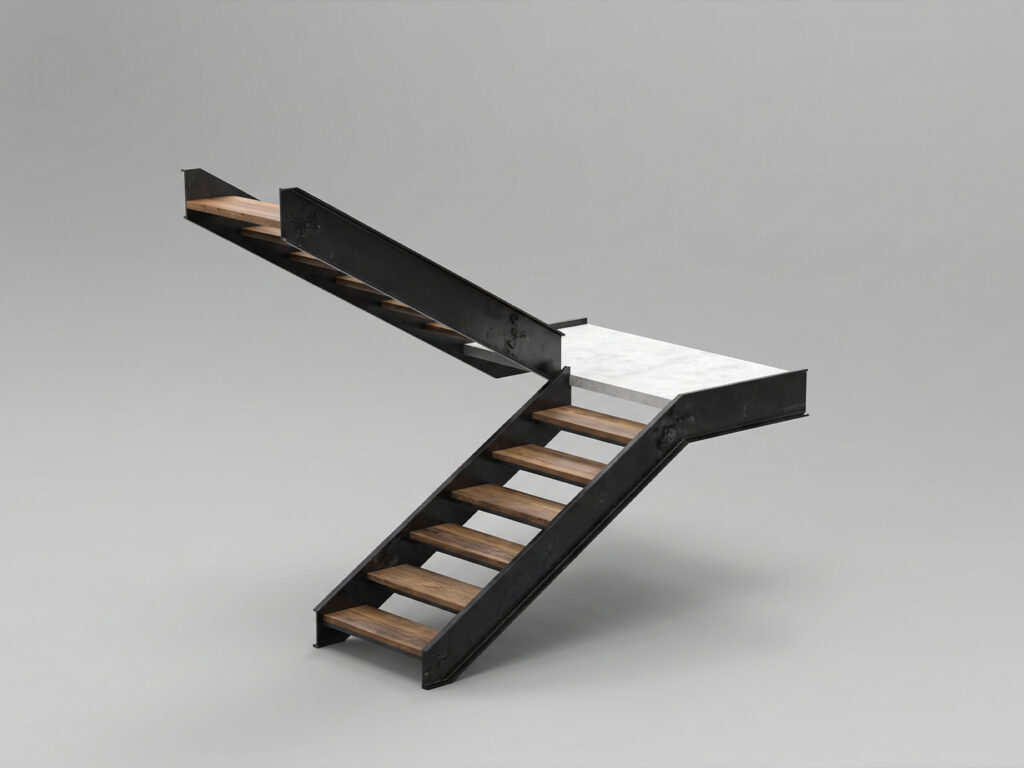 Escalier Maroc à deux volées avec structure en acier noir, marches en bois et palier intermédiaire