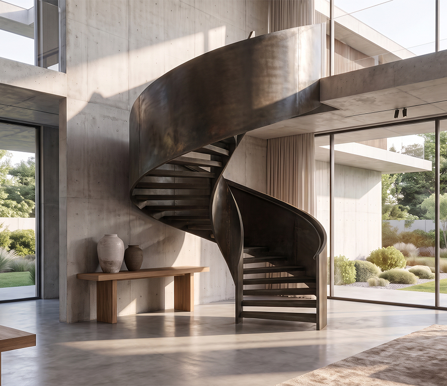 Escalier Maroc hélicoïdal en acier sur mesure dans une villa contemporaine