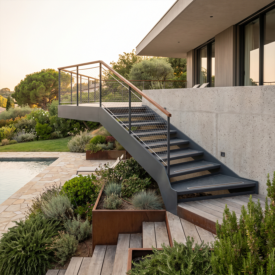 Escalier métallique extérieur sur mesure avec garde-corps en acier intégré au jardin d’une villa contemporaine