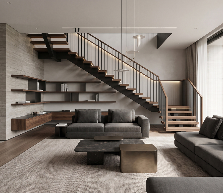 Escalier pour Villa en acier noir et marches en bois intégré dans un séjour contemporain