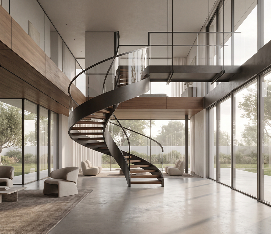 Escalier pour Villa sur mesure en acier avec forme courbe dans un séjour double hauteur contemporain