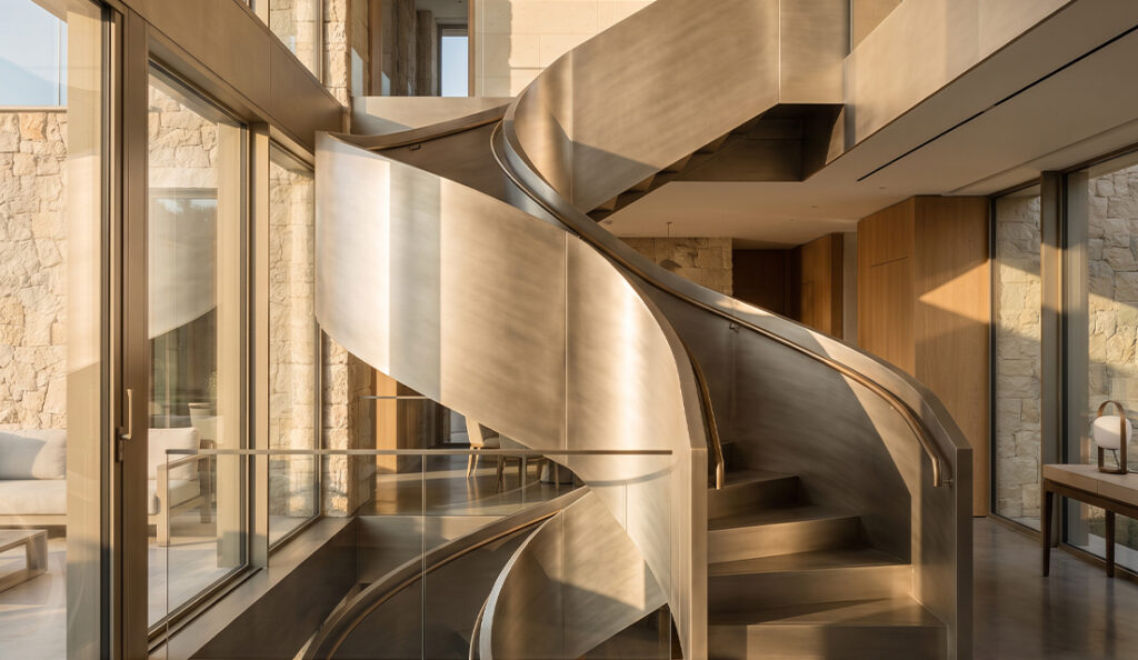 Escalier pour Villa en métal sur mesure avec structure courbe et reflets lumineux dans un intérieur contemporain
