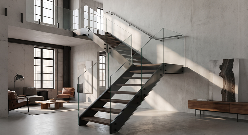 Escalier sur mesure Maroc en acier avec marches ouvertes et garde-corps en verre