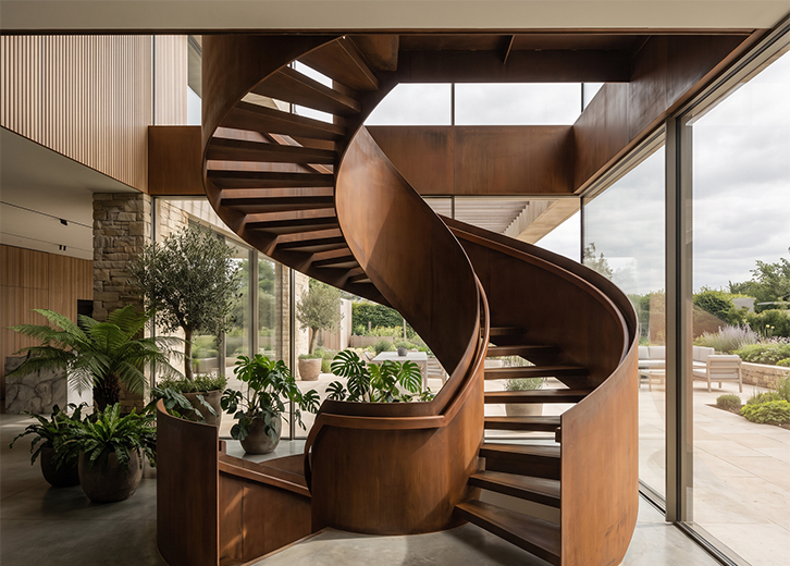 Escalier sur mesure Maroc hélicoïdal en acier Corten dans un jardin d’hiver contemporain