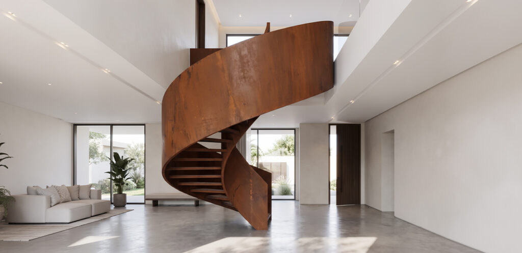 Escalier sur mesure Maroc hélicoïdal en acier Corten dans une villa contemporaine