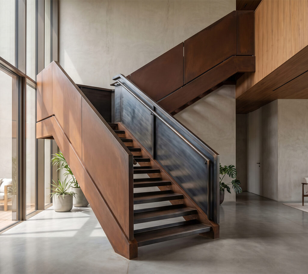 Fabrication escalier sur mesure avec structure métallique et habillage finition Corten dans un intérieur contemporain