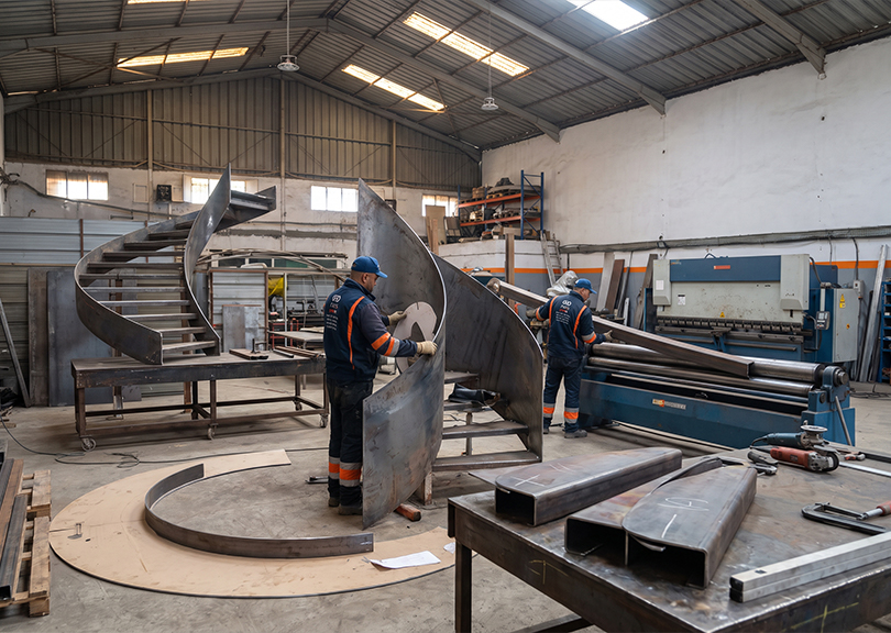 Fabrication escalier sur mesure avec cintrage et mise en forme de pièces d’acier courbes en atelier