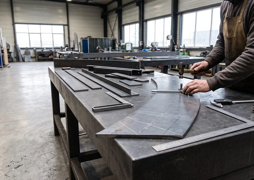 Fabrication escalier sur mesure avec traçage manuel et préparation de pièces en acier en atelier