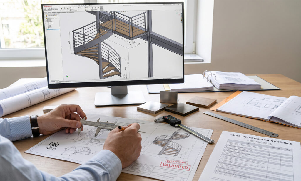 Fabrication escalier sur mesure avec validation des plans techniques, modélisation 3D et contrôle des dimensions