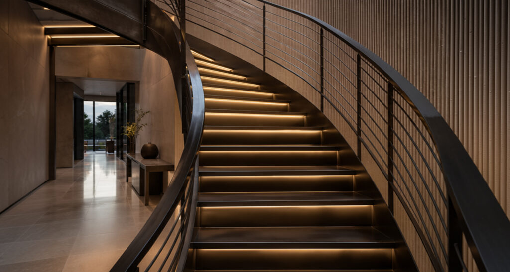 Finition escalier métallique noir avec éclairage LED intégré sous les marches dans un intérieur contemporain