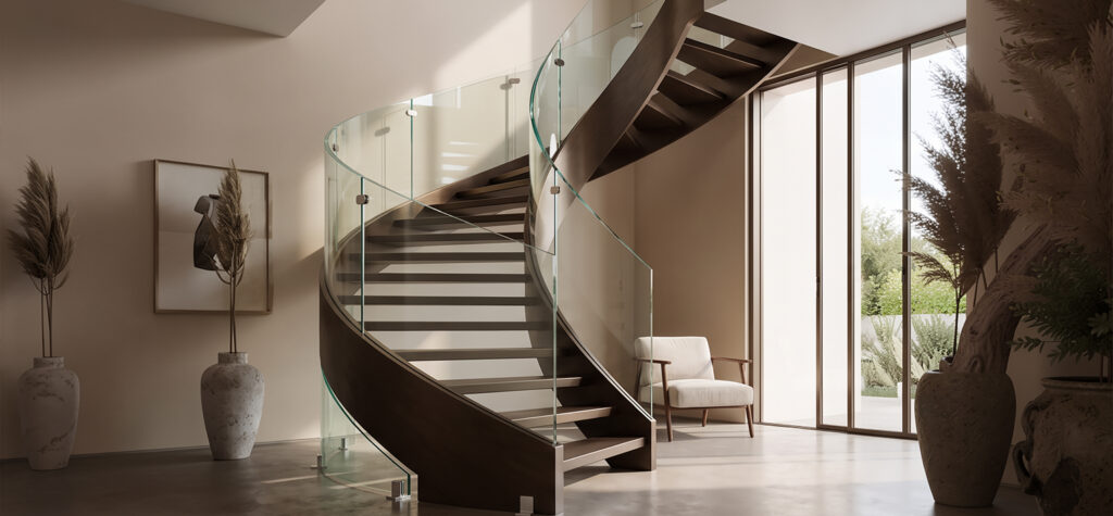 Matériaux pour escalier avec garde-corps en verre feuilleté trempé et structure métallique courbe